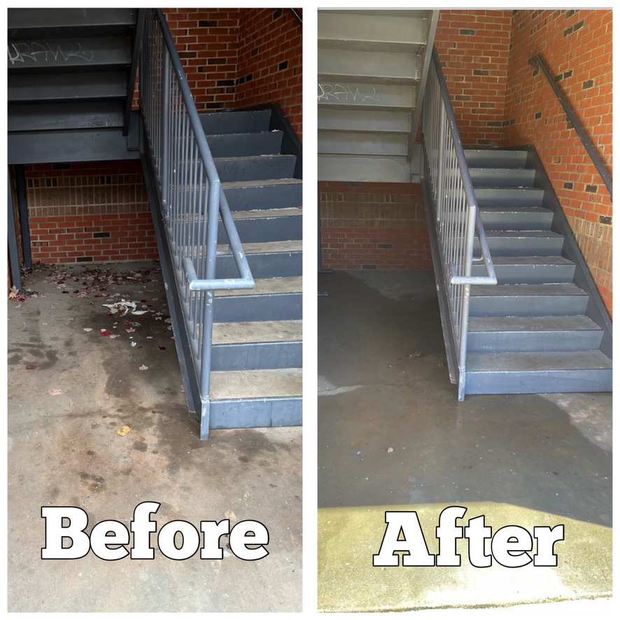 Before and After pressure washing and debris removal exterior building cement stairwell