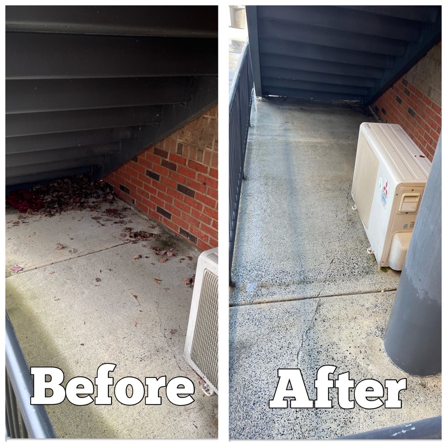Before and After pressure washing exterior building cement stairwell