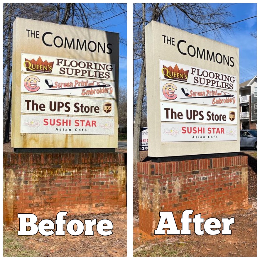 Before and After pressure washing exterior building complex sign