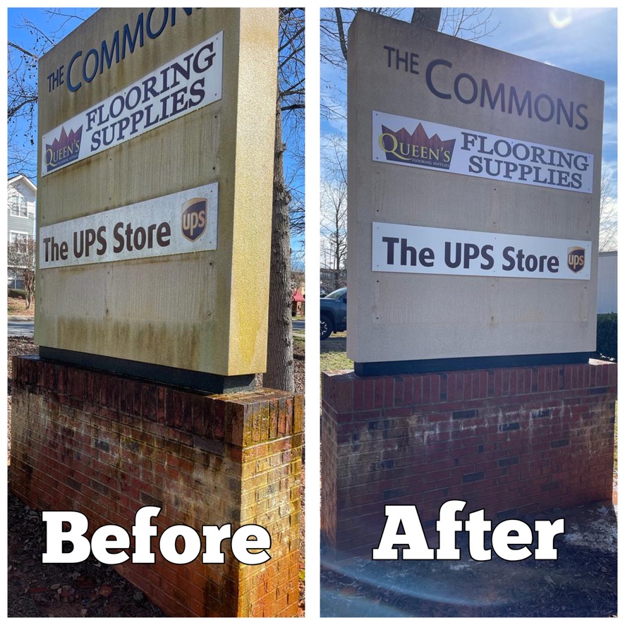 Before and After pressure washing exterior building cement painted sign