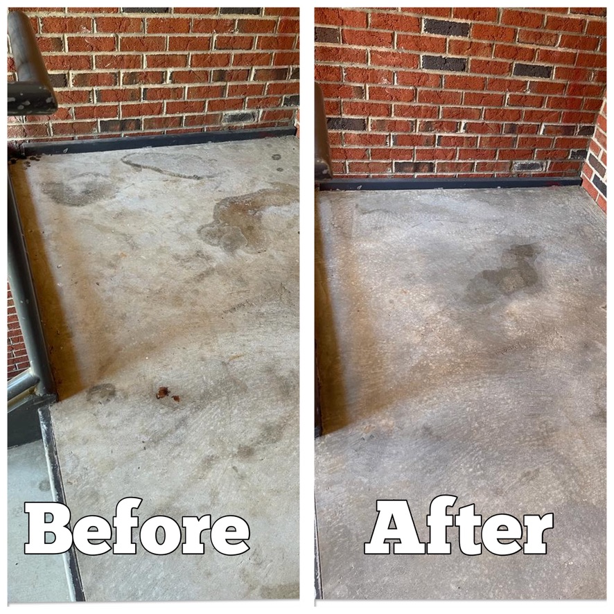 Before and After pressure washing cement stair landing of stairwell