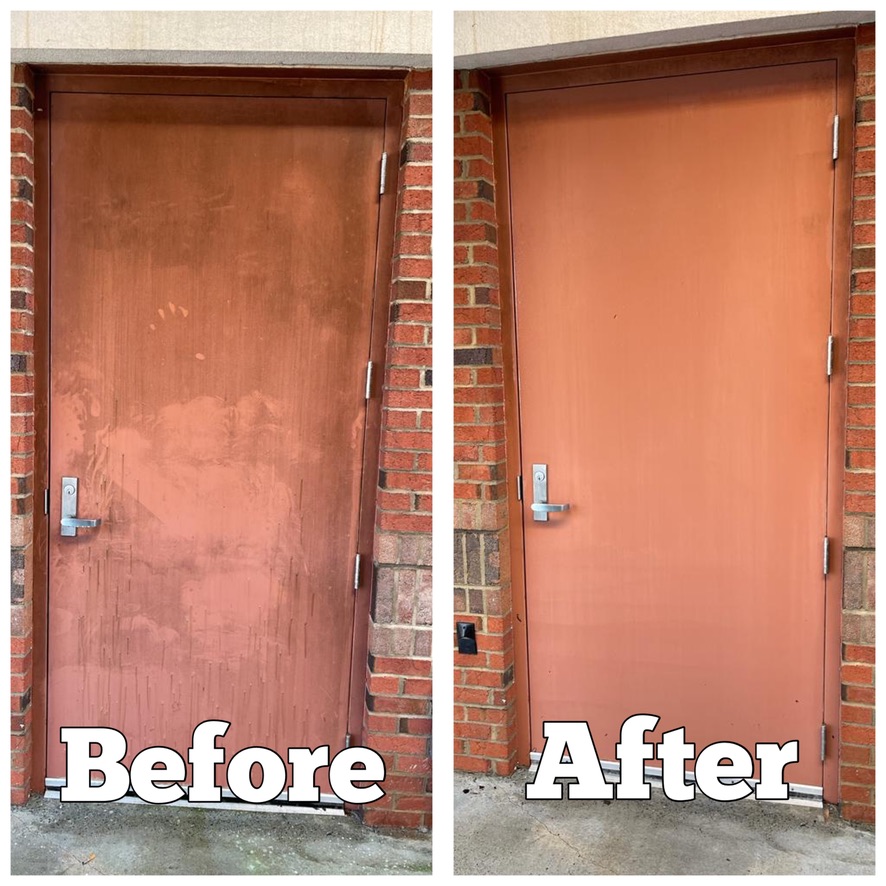 Before and After pressure washing exterior building facility door
