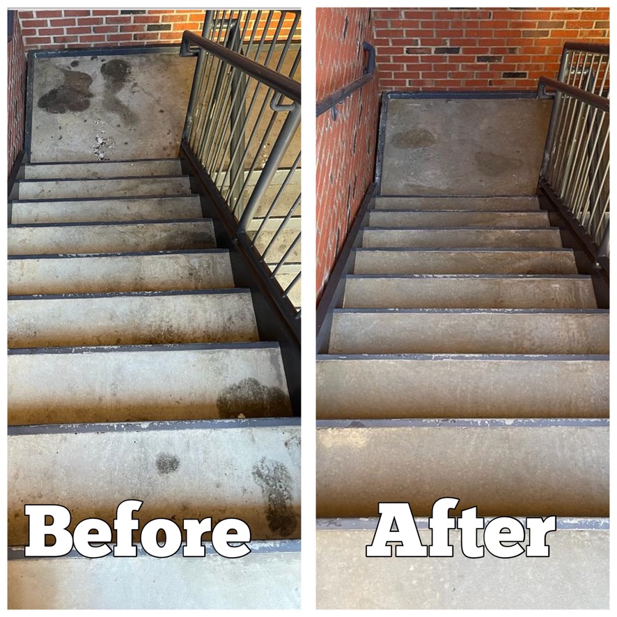Before and After pressure washing cement entrance stairwell